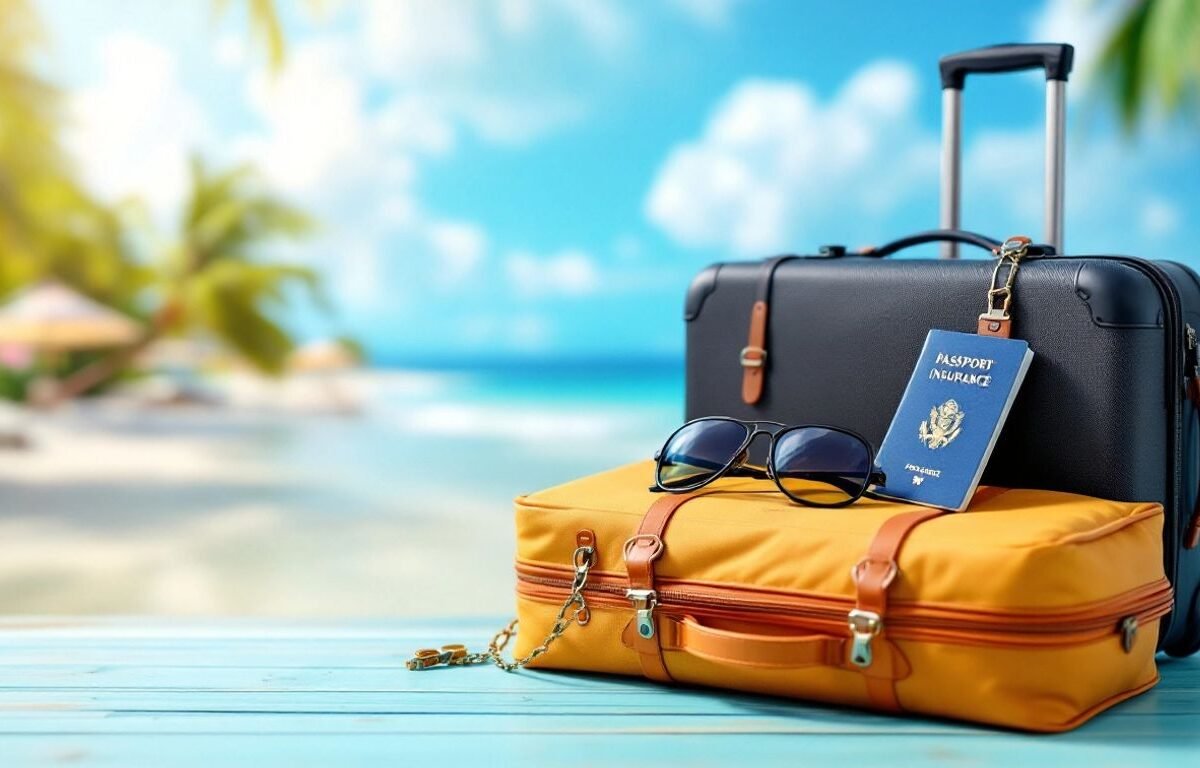 Cena de viagem com mala e passaporte na praia.
