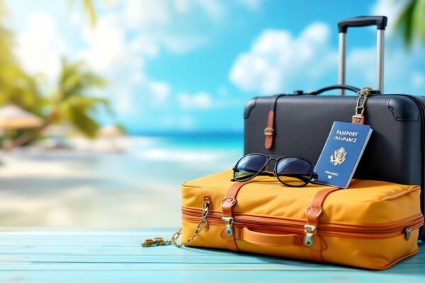 Cena de viagem com mala e passaporte na praia.