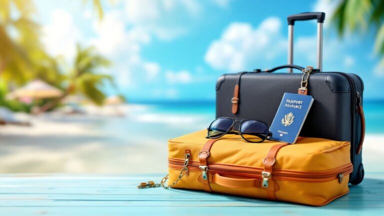 Cena de viagem com mala e passaporte na praia.