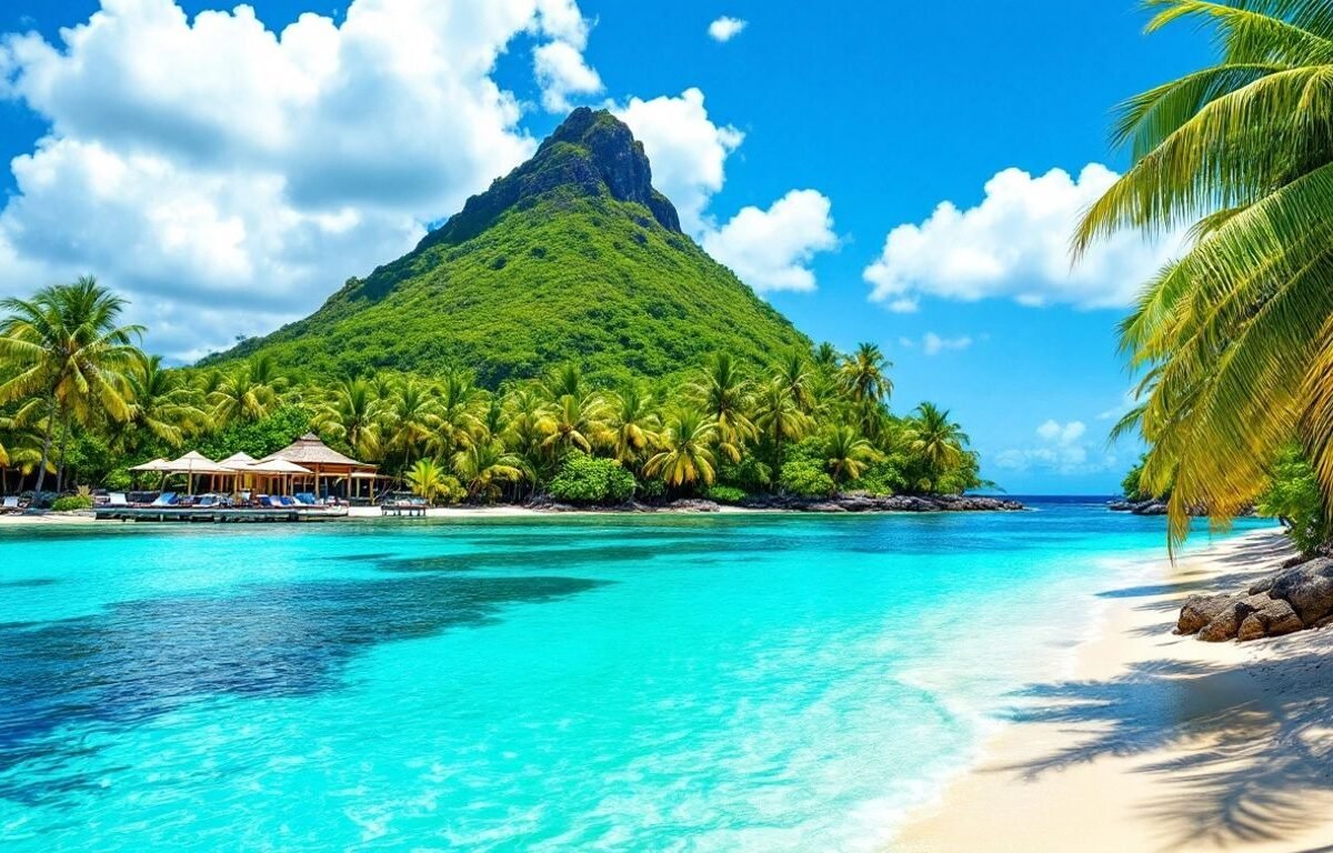 Praia deslumbrante nas Ilhas Maurício com águas cristalinas.