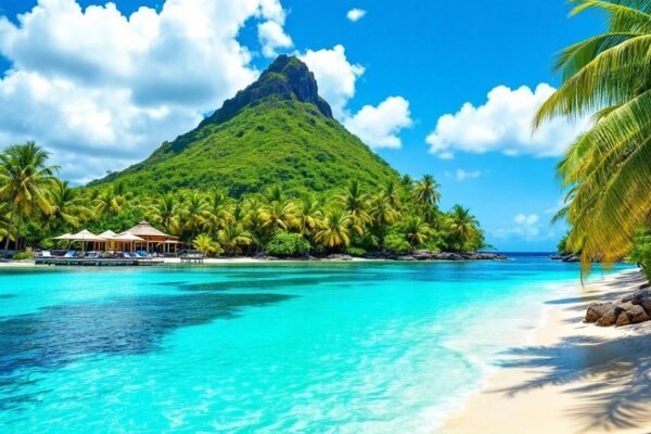 Praia deslumbrante nas Ilhas Maurício com águas cristalinas.