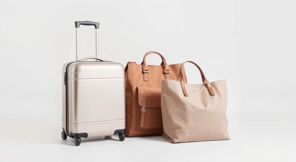 A neatly organized collection of travel bags rests against a clean, minimal backdrop. In the foreground, a sleek carry-on suitcase in a neutral tone stands out, its smooth surface reflecting the soft, even lighting. Beside it, a compact, well-designed backpack in a complementary color suggests efficient packing and organization. In the middle ground, a medium-sized tote bag with a classic silhouette and subtle detailing adds texture and visual interest. The background fades into a clean, slightly blurred gradient, allowing the carefully curated luggage to take center stage and showcase its practical yet stylish appeal, embodying the concept of "the right luggage for saving money."