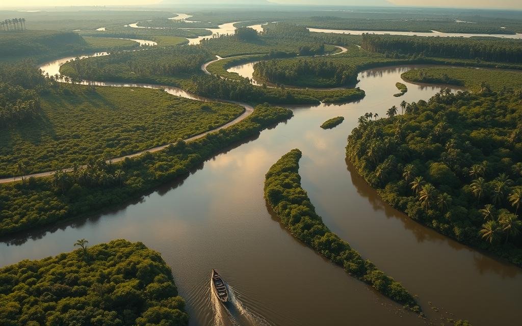 A sweeping aerial view of Ilha de Marajó, an idyllic river-laced island in northern Brazil. Verdant mangrove forests and winding tributaries stretch across the frame, their tranquil waters reflecting the lush, verdant landscape. In the foreground, a traditional wooden boat glides serenely through the channels, while in the distance, the silhouettes of towering palm trees dot the horizon. Warm, golden sunlight filters through the canopy, casting a dreamy, atmospheric glow over the entire scene. The overall impression is one of serene, unspoiled natural beauty, perfectly capturing the essence of this stunning, secluded tropical paradise. Melhores destinos turísticos na Região Norte do Brasil