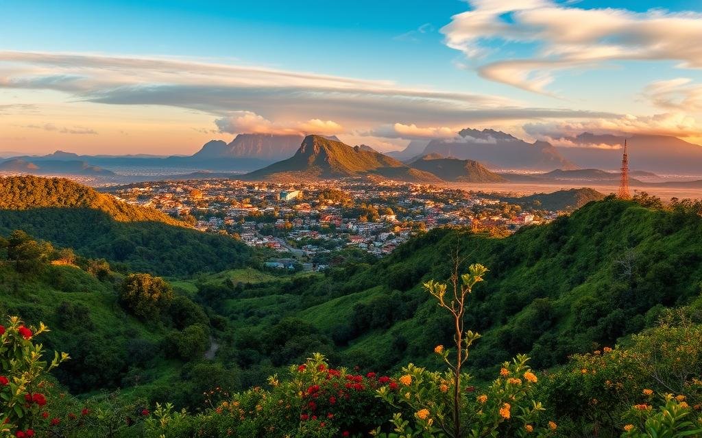 A vibrant, panoramic landscape showcasing the most captivating destinations in Brazil's Central-West region. In the foreground, lush, verdant hills and valleys, dotted with colorful indigenous flora. In the middle ground, a series of picturesque towns and villages, their traditional architecture bathed in warm, golden sunlight. In the distant background, the majestic silhouettes of towering mountains, their peaks shrouded in wispy clouds. The scene exudes a sense of tranquility and adventure, inviting the viewer to explore the region's rich cultural heritage and natural wonders. Crisp, high-resolution photography, with a wide-angle lens to capture the vast scope of the landscape. The overall mood is one of wonder, serenity, and the timeless allure of Brazil's heartland.