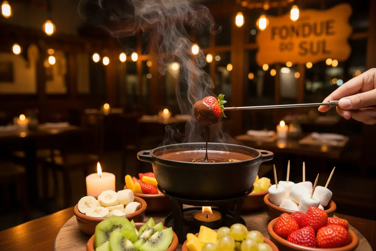 Fondue de chocolate com frutas e marshmallows em Gramado