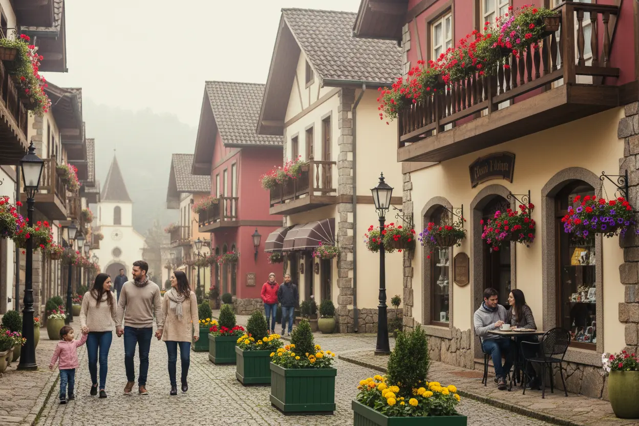 Rua charmosa de Gramado com arquitetura europeia e flores coloridas