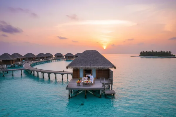 Resort de luxo nas Maldivas ao nascer do sol