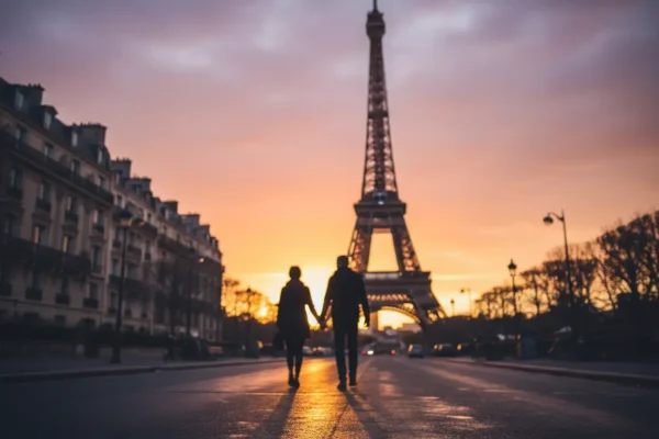 Casal caminhando em direção à Torre Eiffel ao pôr do sol em Paris.