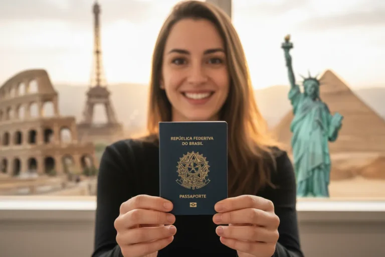 Pessoa sorrindo com passaporte brasileiro recém-emitido