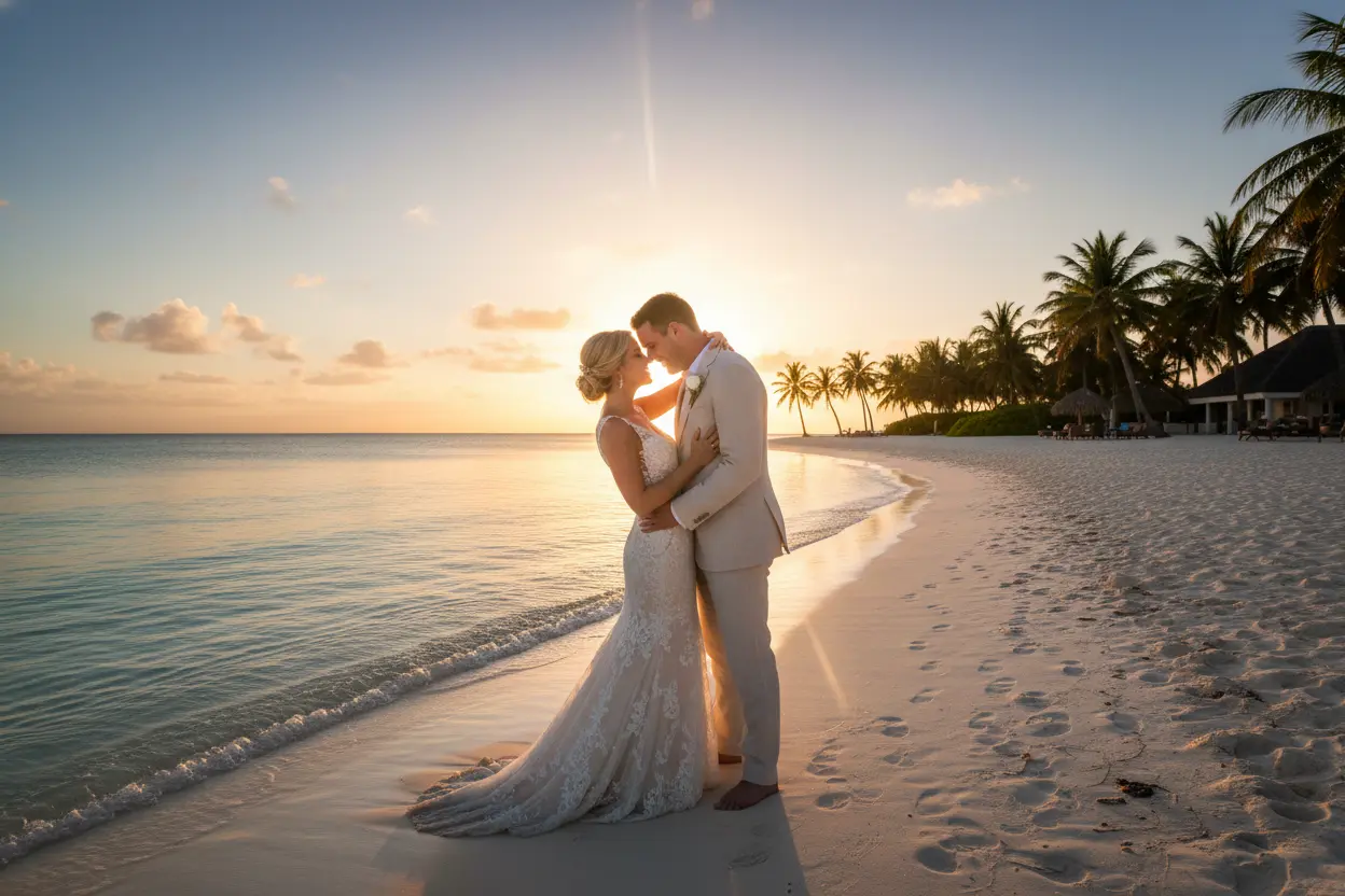 Casal recém-casado na praia ao pôr do sol
