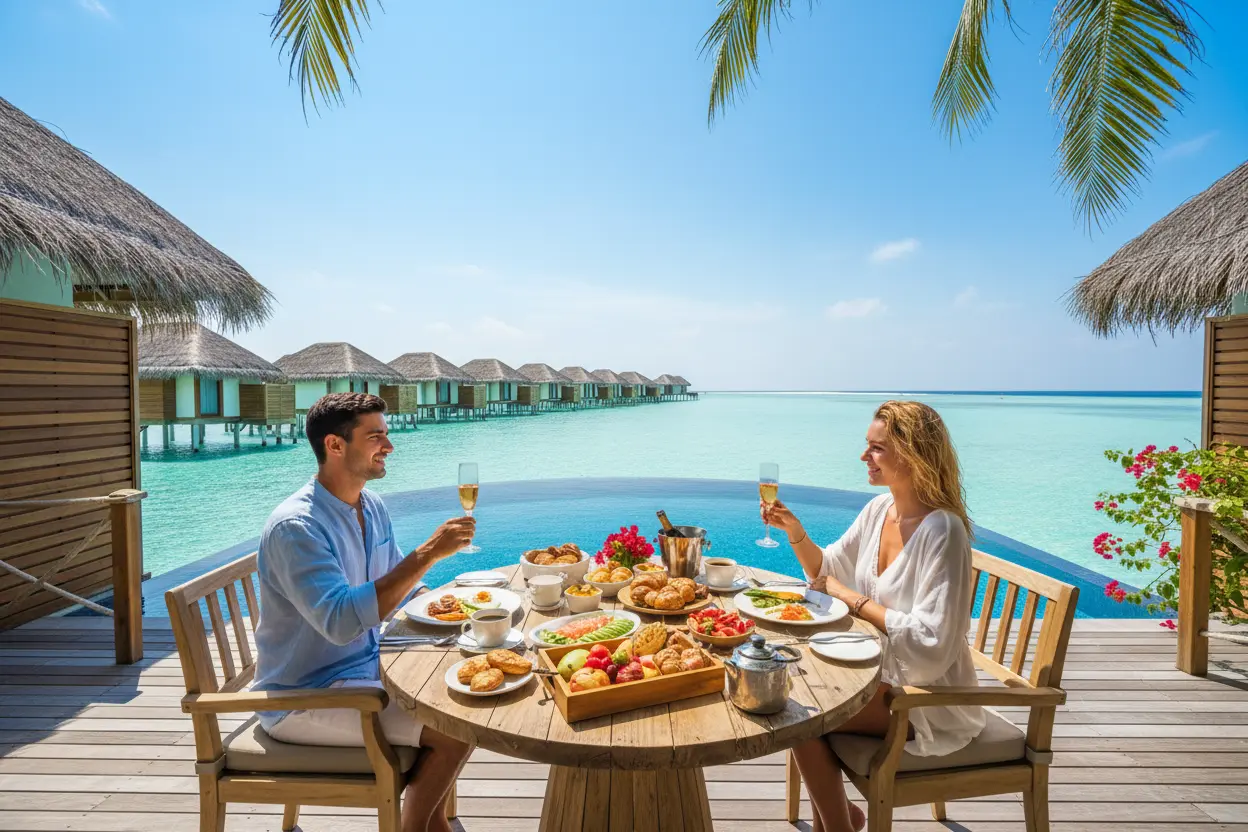 Resort de luxo com bangalôs sobre a água nas Maldivas