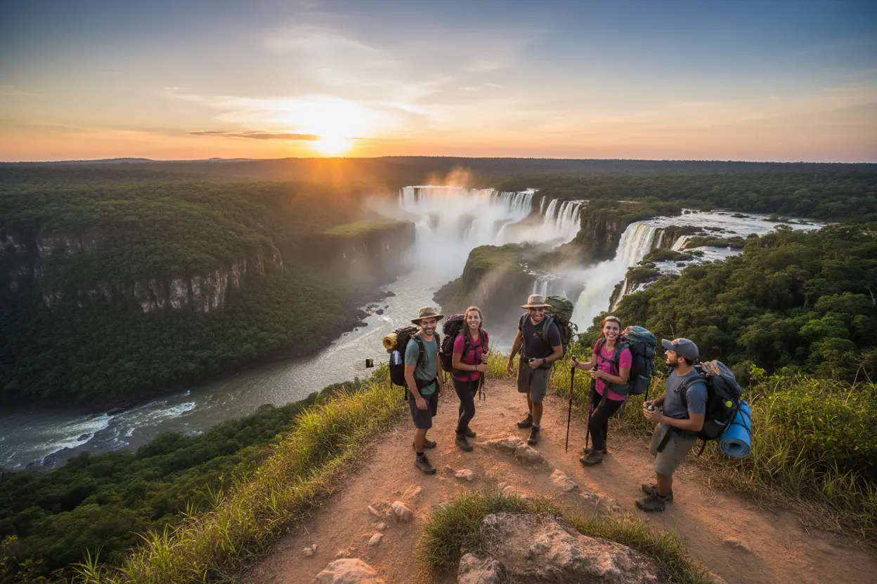 Cânion verdejante com trilha e amigos no Sul do Brasil, paisagem natural.