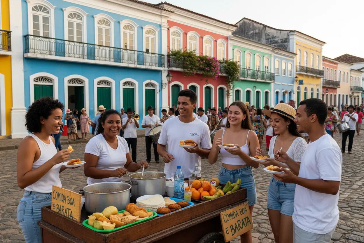Rua colorida em cidade histórica do Nordeste do Brasil, com pessoas e comida de rua.