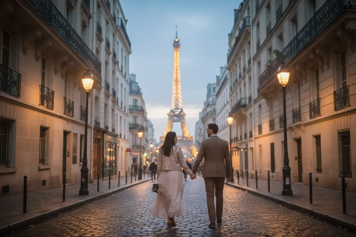 Casal caminhando em Paris, um dos melhores destinos para lua de mel
