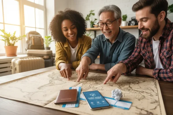 Grupo de amigos planejando viagem internacional com mapa e documentos.