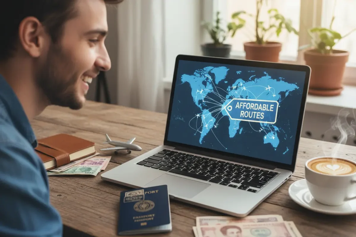 Pessoa feliz planejando como comprar passagens aéreas baratas