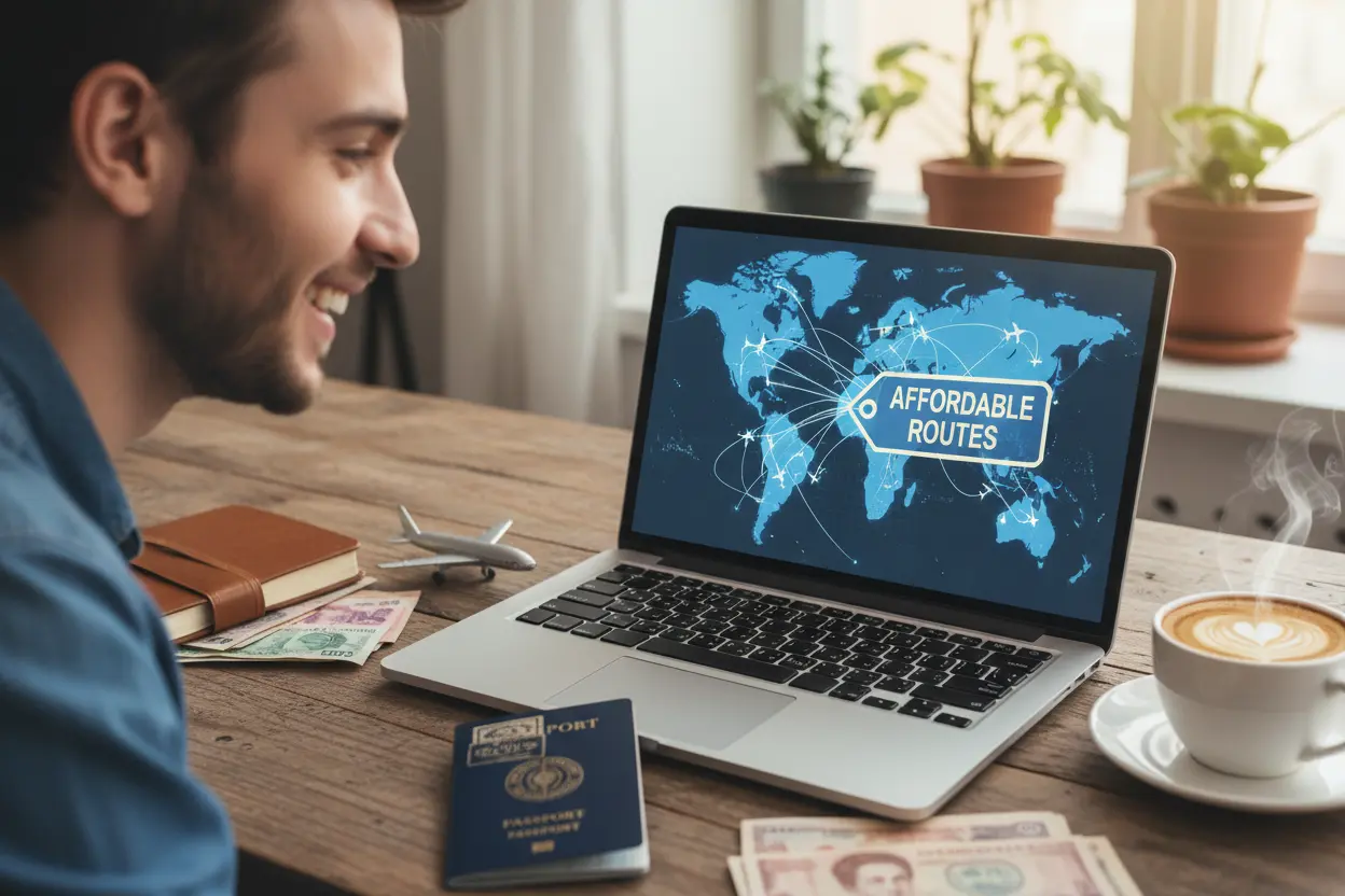 Pessoa feliz planejando como comprar passagens aéreas baratas