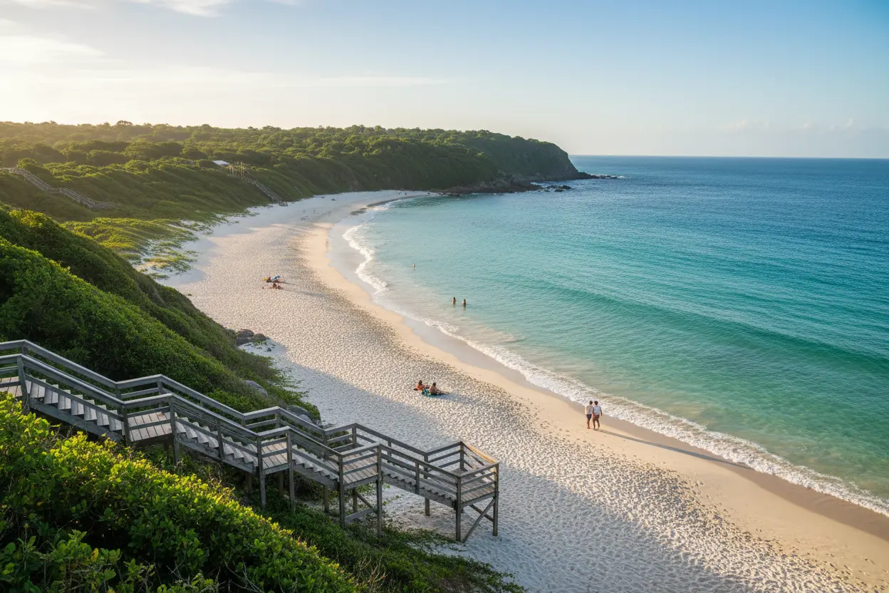 Prainhas do Pontal do Atalaia, Arraial do Cabo, com escadaria de madeira.
