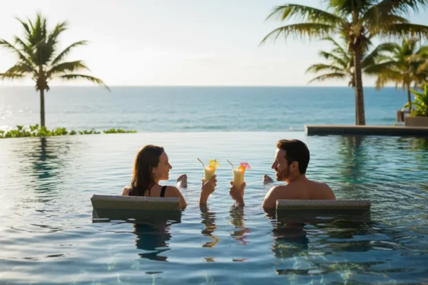 Casal feliz em piscina de resort all inclusive no Brasil.