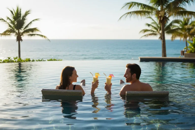 Casal feliz em piscina de resort all inclusive no Brasil.