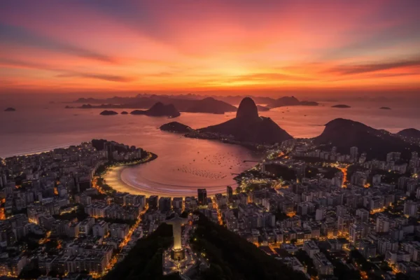 Pôr do sol no Rio de Janeiro com Cristo Redentor e Pão de Açúcar