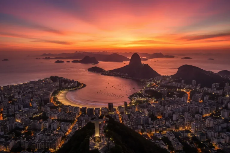 Pôr do sol no Rio de Janeiro com Cristo Redentor e Pão de Açúcar