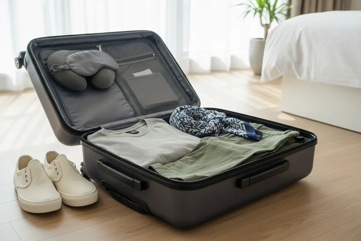 Roupas e acessórios de viagem na mala de mão.