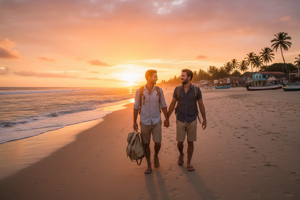 Casal feliz em uma praia brasileira, representando lugares baratos para viajar no brasil.