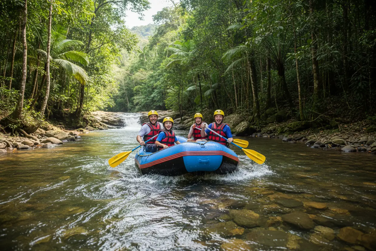 Família praticando rafting em Brotas, um dos destinos de aventura no interior de São Paulo.