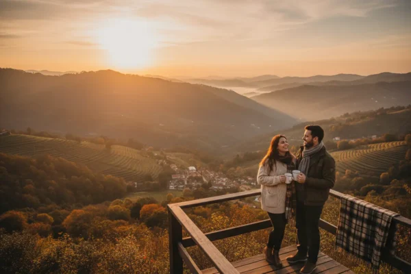 Casal feliz apreciando a vista em Campos do Jordão, um dos melhores destinos no interior de São Paulo para visitar.