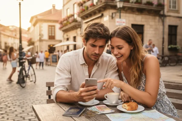 Casal usando celular para gerenciar como levar dinheiro na viagem internacional seguro
