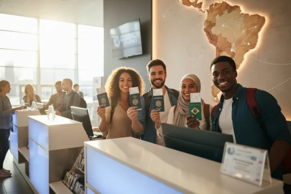 Grupo de amigos com documentos para viajar na América do Sul