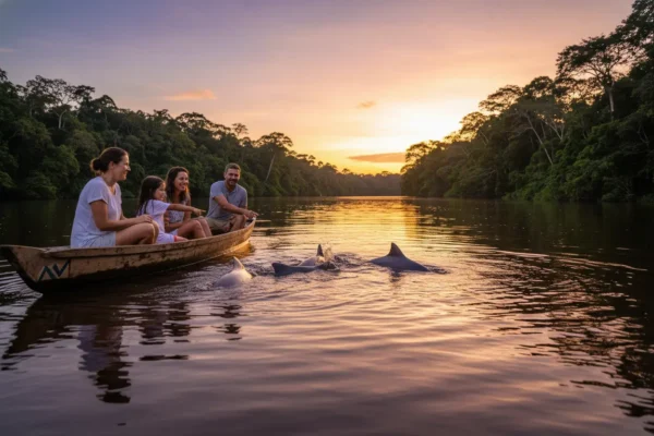 Onde ver boto cor de rosa no Amazonas roteiro com família feliz