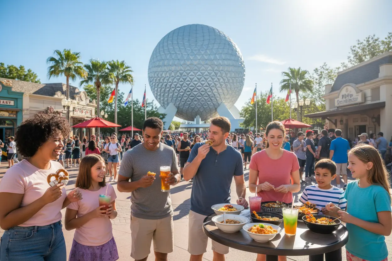 Epcot: Viagem Global Pessoas caminhando e comendo no World Showcase do Epcot, com Spaceship Earth ao fundo.