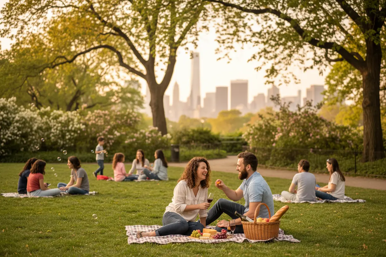Casal em piquenique em parque secreto de Nova York
