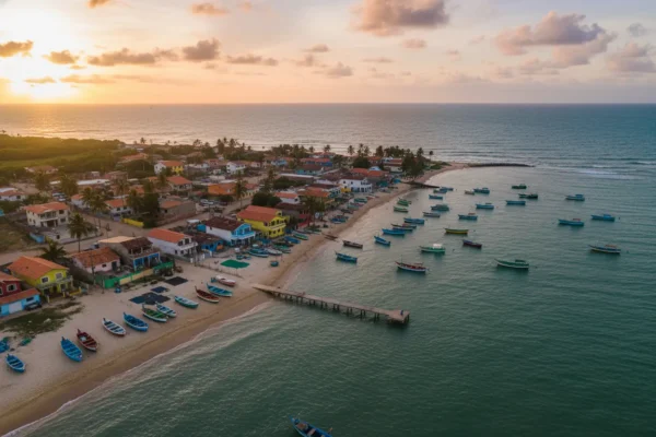 Vista panorâmica de uma das melhores vilas de pescadores no Brasil com barcos e casas coloridas.