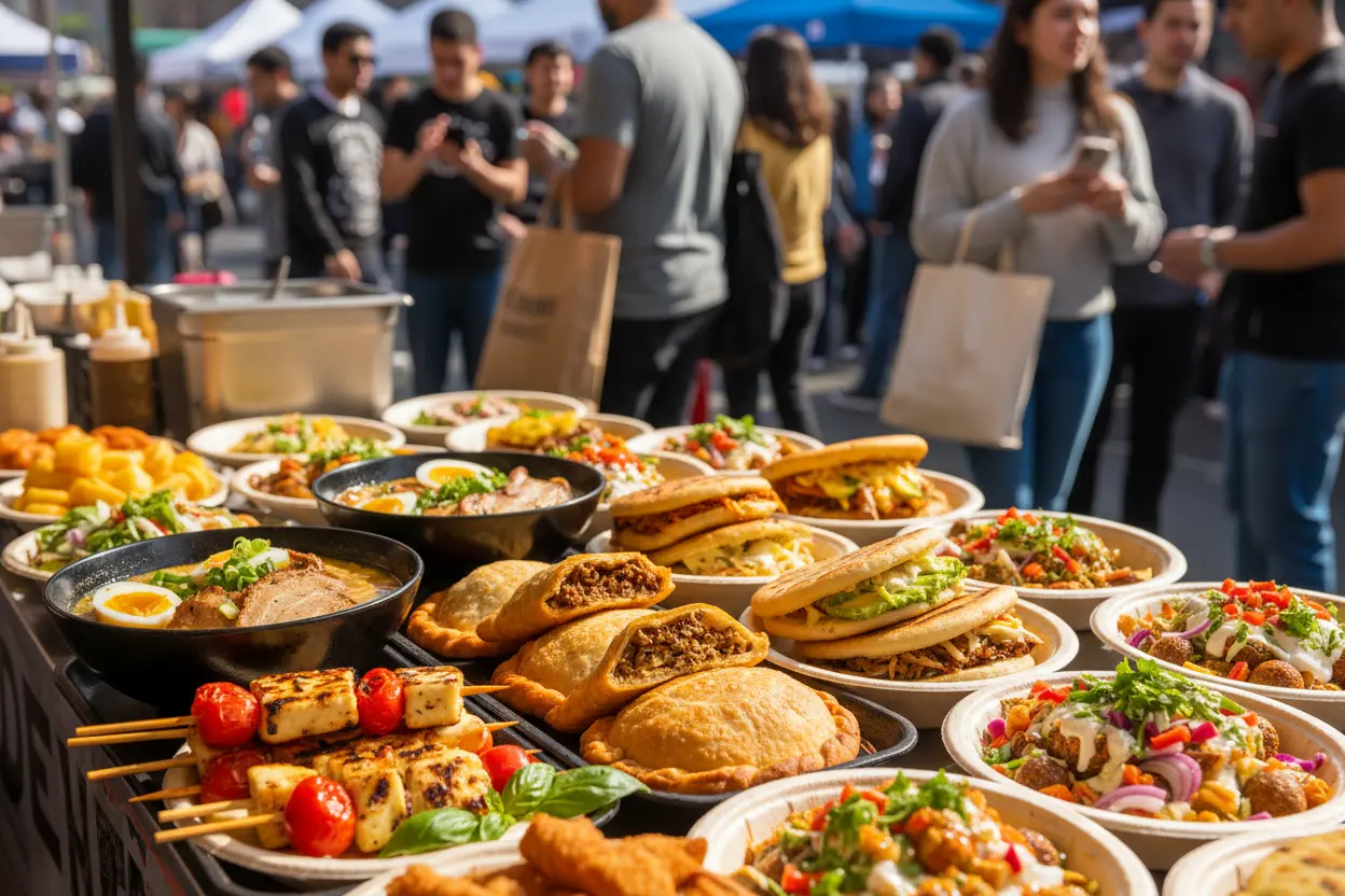 Comida de rua em mercado de Queens, Nova York