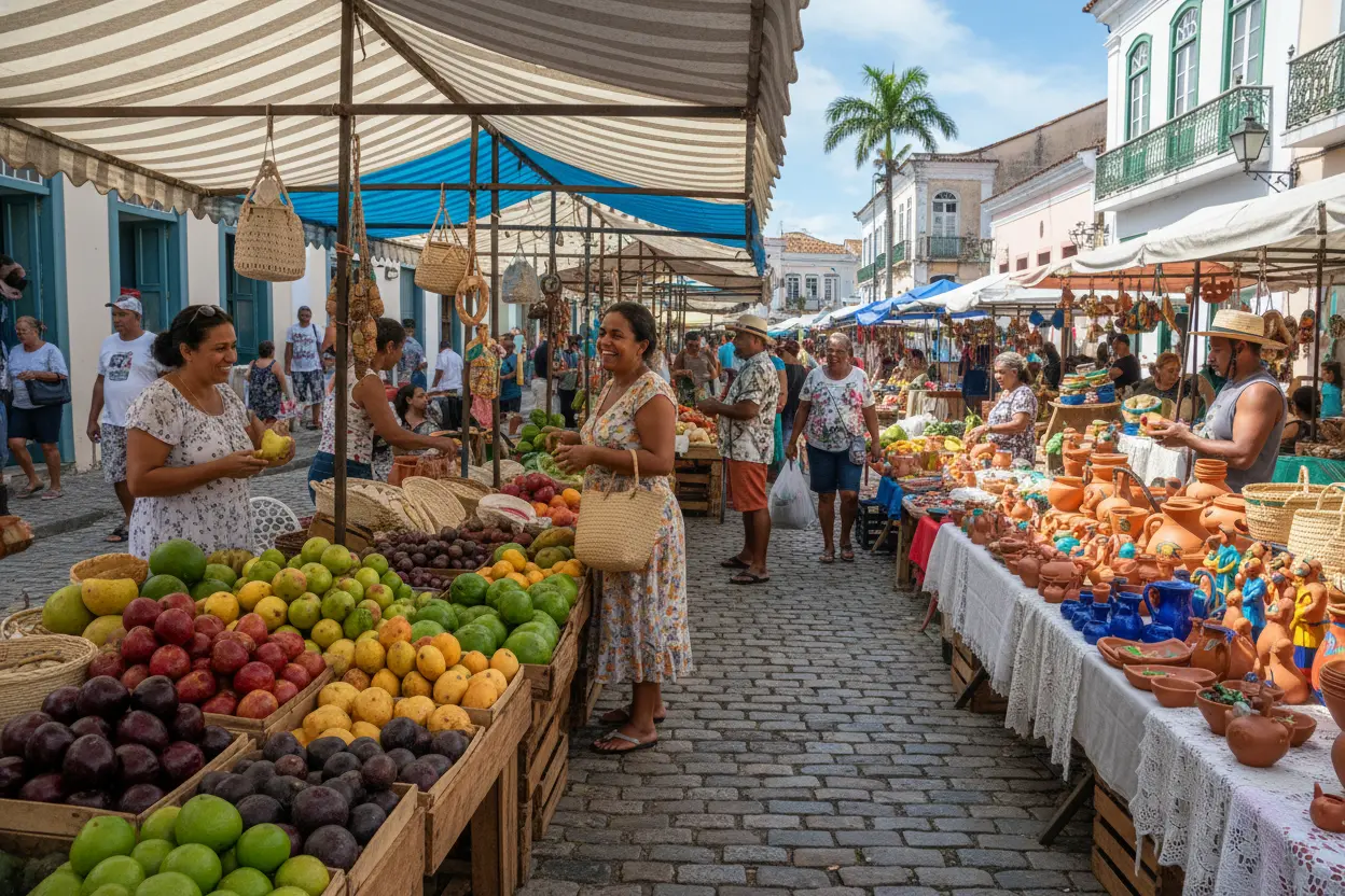 Mercado de artesanato e frutas no Nordeste
