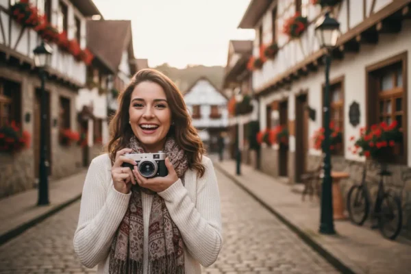Mulher sorrindo em um dos destinos nacionais que parecem a Europa