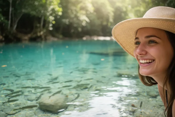 Jovem turista sorrindo em Bonito MS