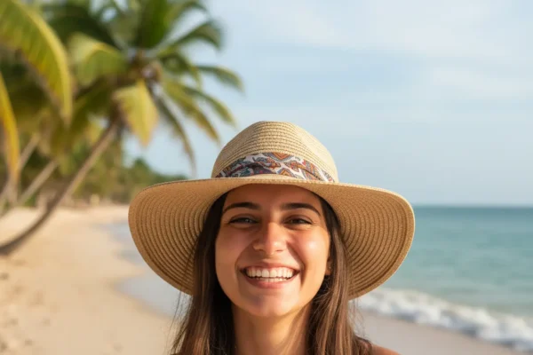 Mulher sorrindo em uma praia do Nordeste