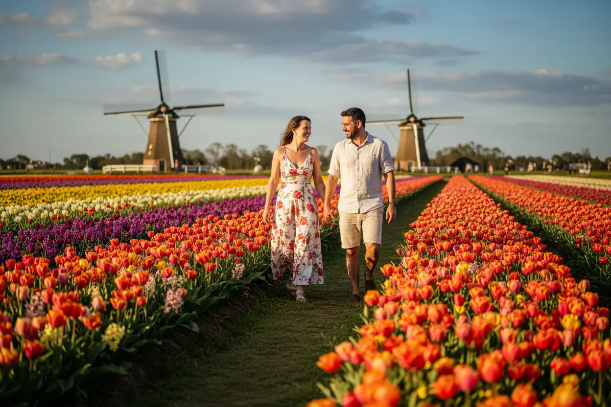 Casal em campo de flores em Holambra, um dos destinos nacionais