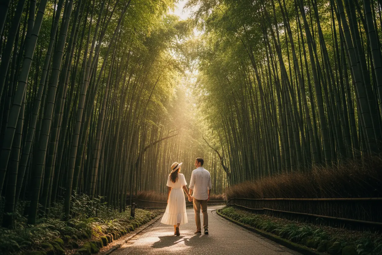 Casal caminhando em floresta de bambu no Japão