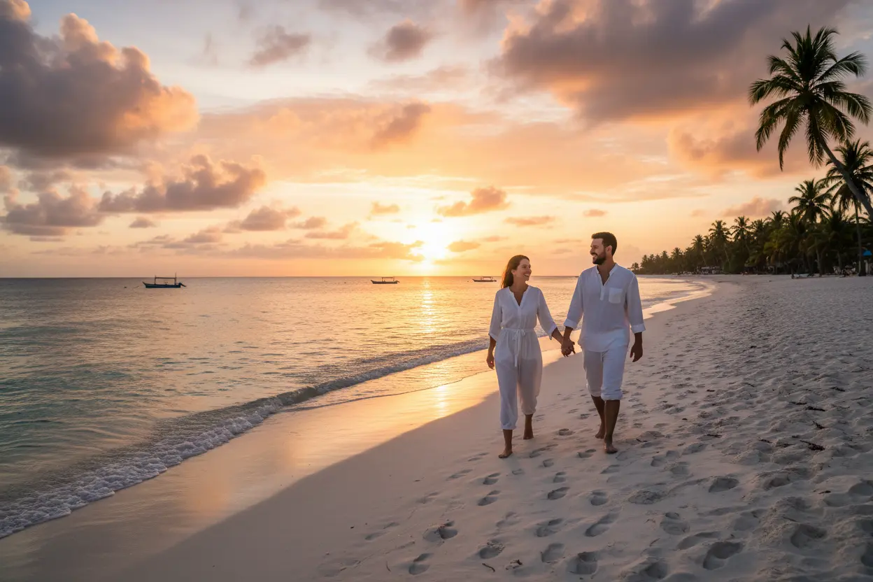 Casal caminhando em praia paradisíaca do Nordeste