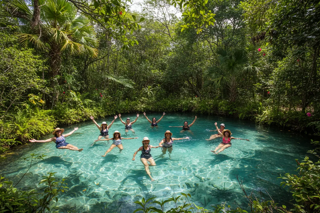 Pessoas relaxando em fervedouro após trilhas no Jalapão