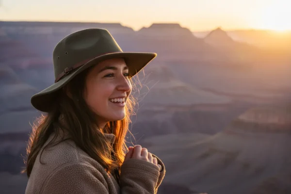 Mulher sorrindo no Grand Canyon ao pôr do sol