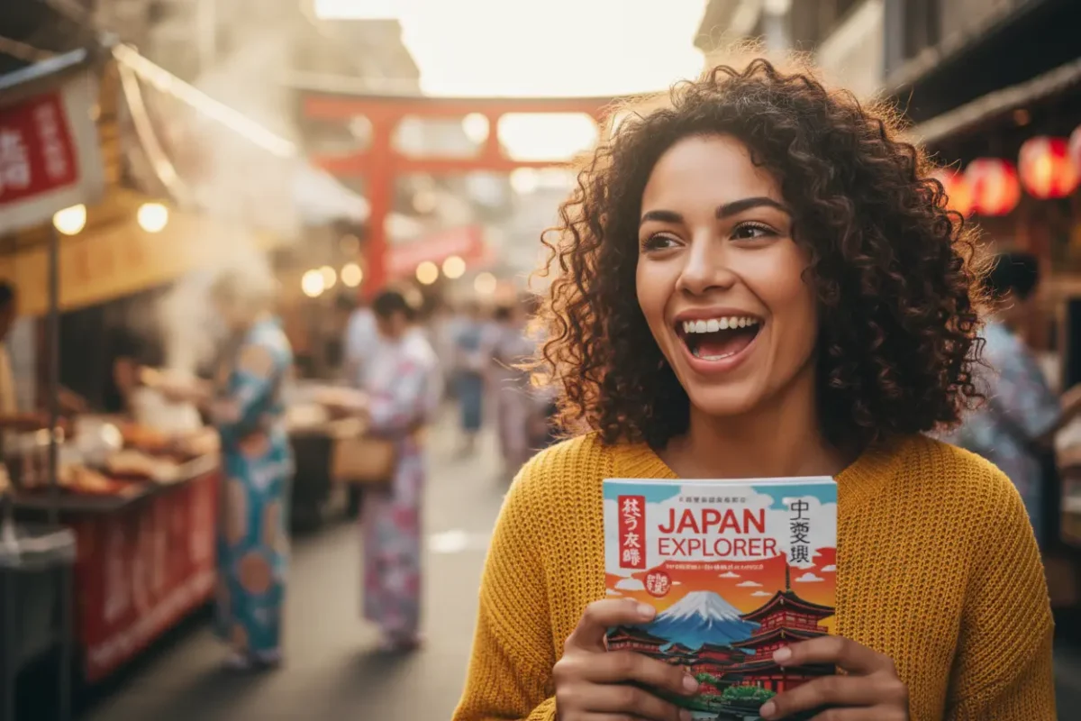 Mulher sorrindo com guia de viagem sobre regras para turistas no Japão