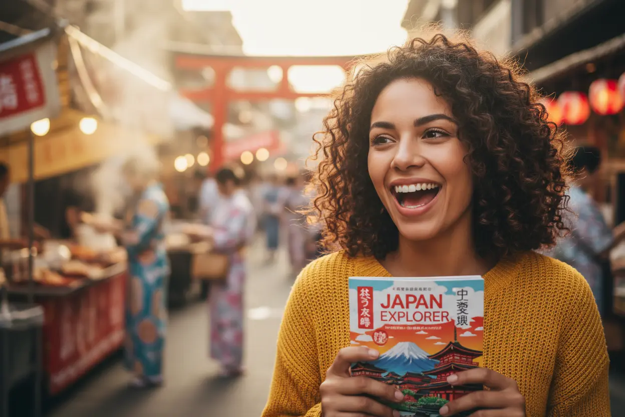 Mulher sorrindo com guia de viagem sobre regras para turistas no Japão