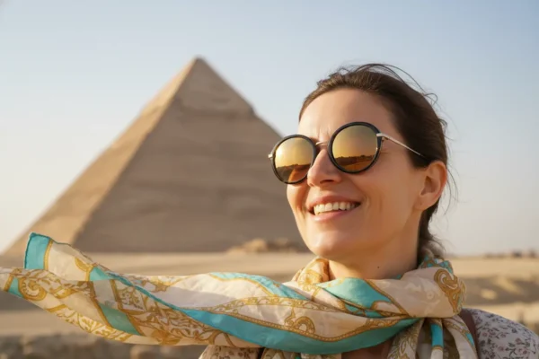 Mulher viajante feliz nas pirâmides do Egito
