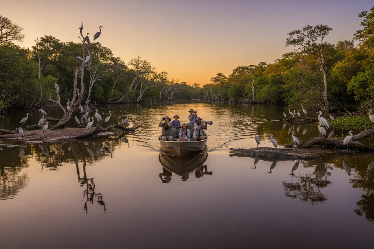 Turistas em barco no Pantanal